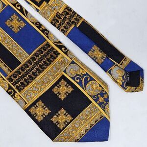 FRATELLI MODA ITALY HANDMADE SILK TIE GOLD BLUE BLACK BAROQUE LUXURY 4" X 60"